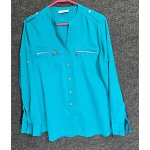Calvin Klein Teal Blue Utility Blouse Roll Tab Sleeve Zip Pocket Top LG